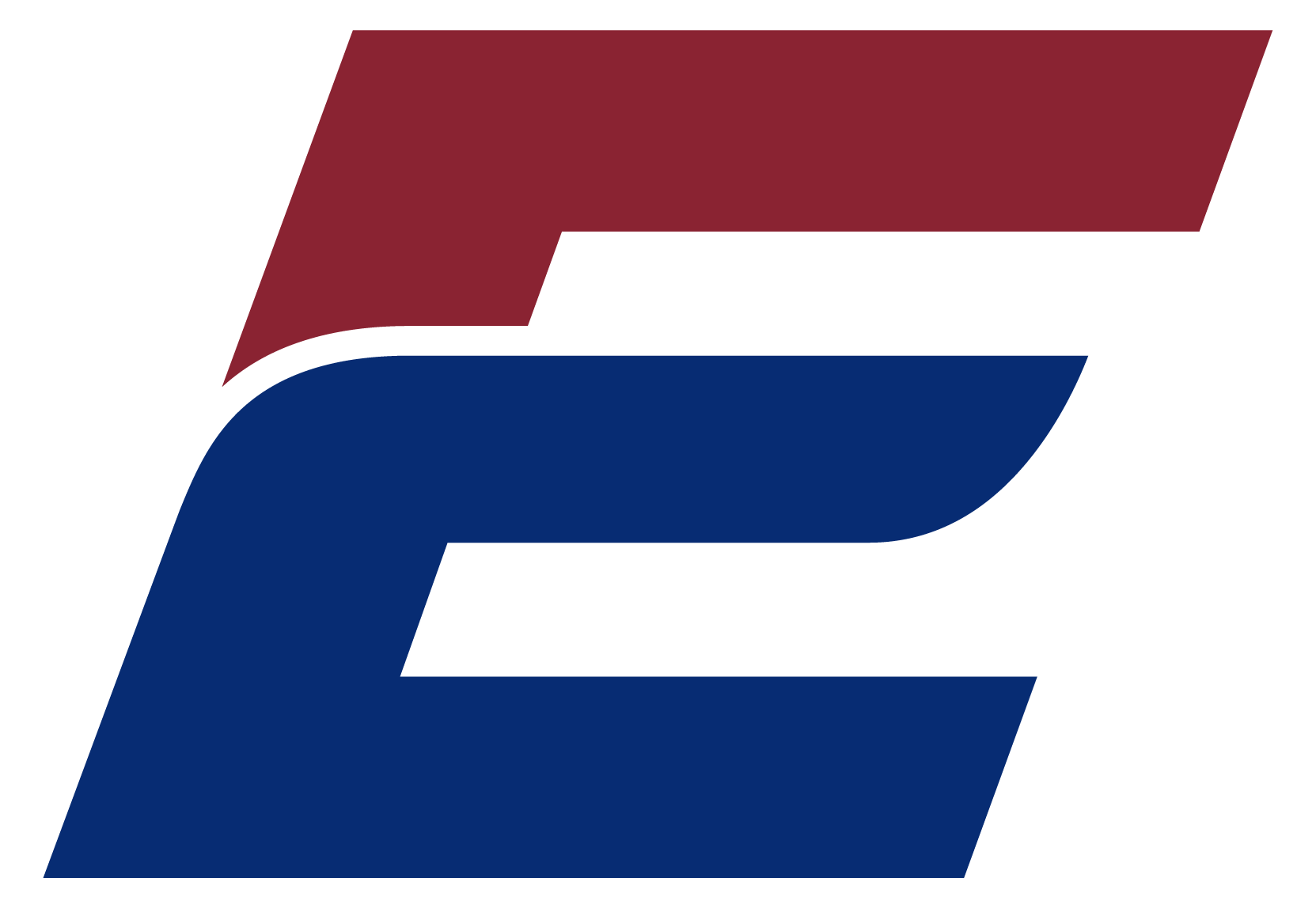 Stylized letter E logo with maroon top part and navy blue bottom part on white background.