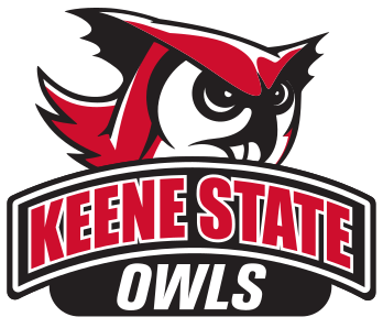 Keene State Owls logo with a fierce owl head in red, black, and white colors.