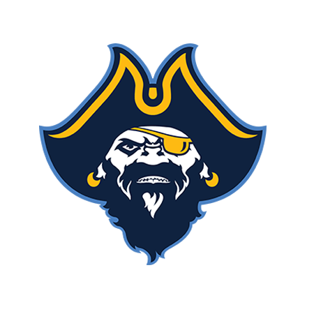 Fierce pirate mascot with gold eyepatch, earrings, and navy tricorn hat with yellow trim on blue background.