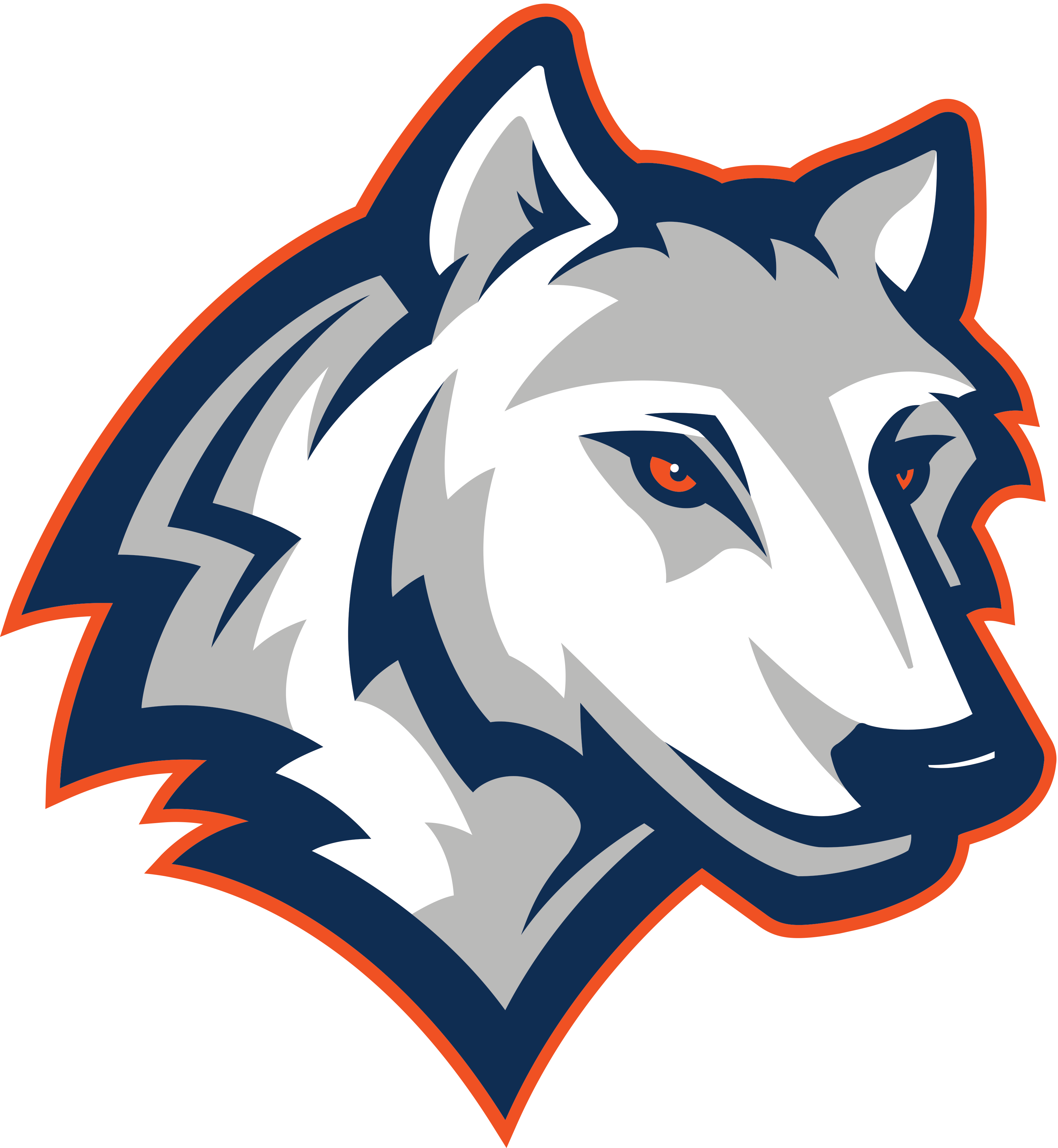 Stylized wolf head logo with gray, white, navy blue, and orange outline and red eyes.