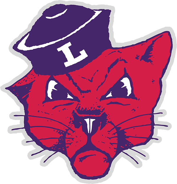 Red wildcat head with fierce expression wearing a purple hat with a white letter L.