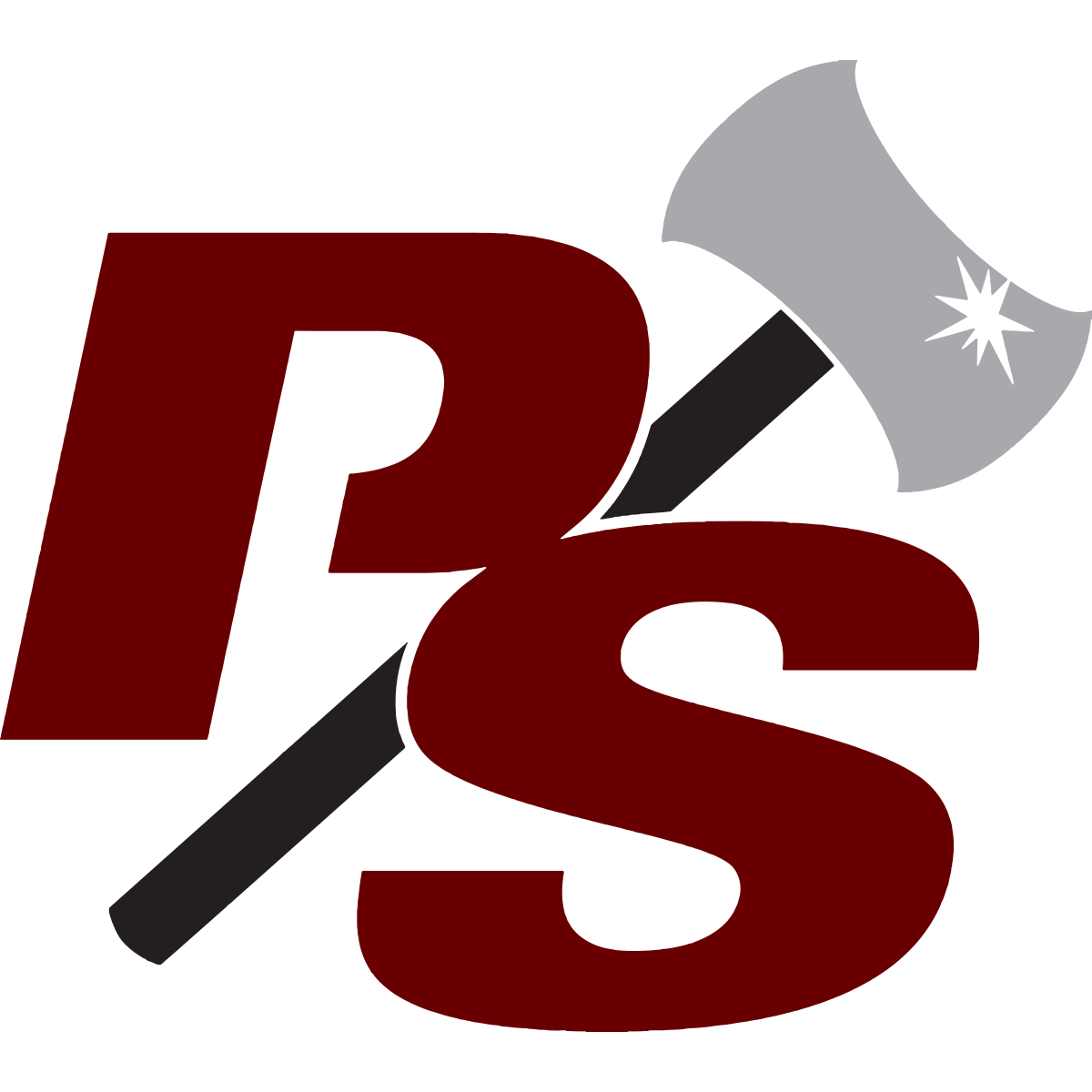Logo with maroon letters P and S crossed by a black handle holding a gray axe with a star-shaped mark.