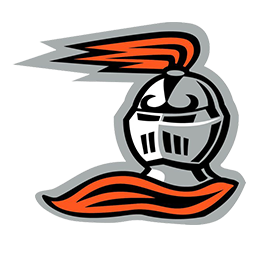 Gray knight helmet with orange plume and orange scarf-like design.