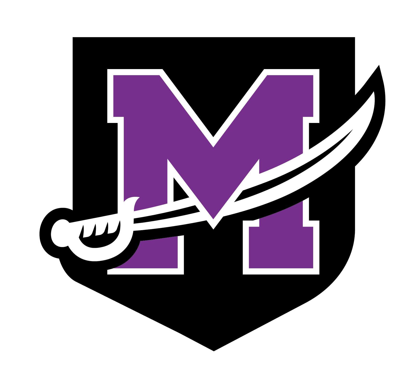 Purple letter M with a white and black sword crossing diagonally inside a black shield.