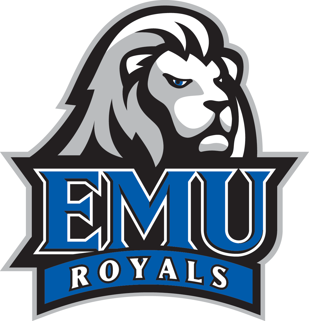 Gray and black lion head above large blue EMU and blue banner with ROYALS text.