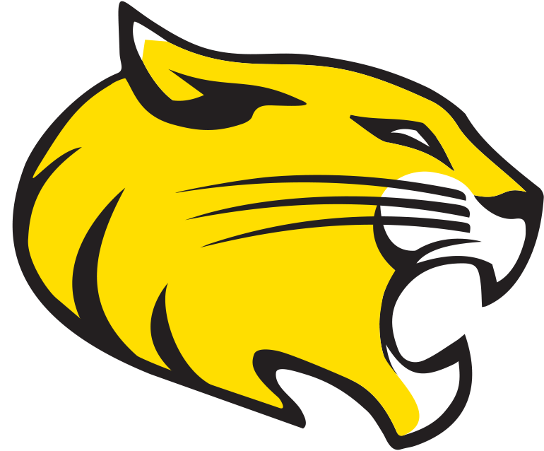 Yellow stylized cougar head roaring with black and white details on a transparent background.