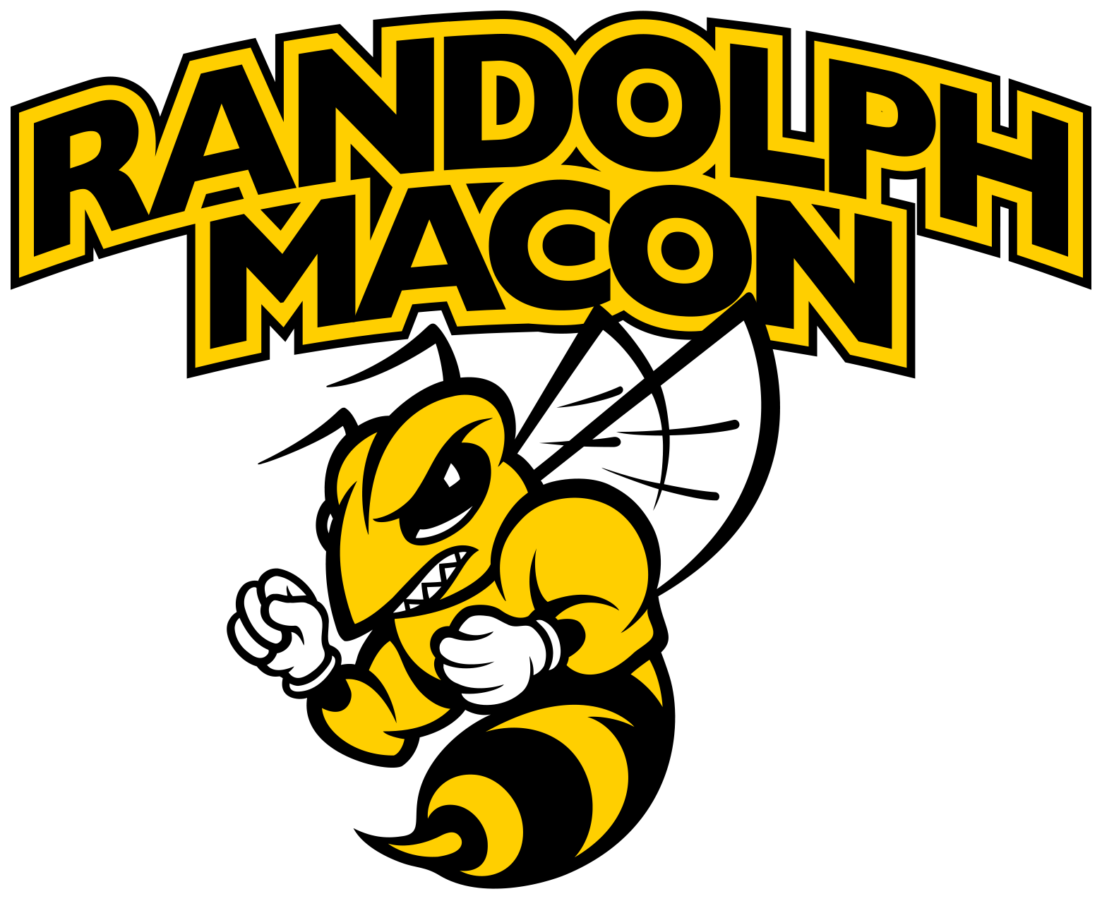 Angry yellow and black hornet mascot with fists clenched below text 'Randolph Macon'.