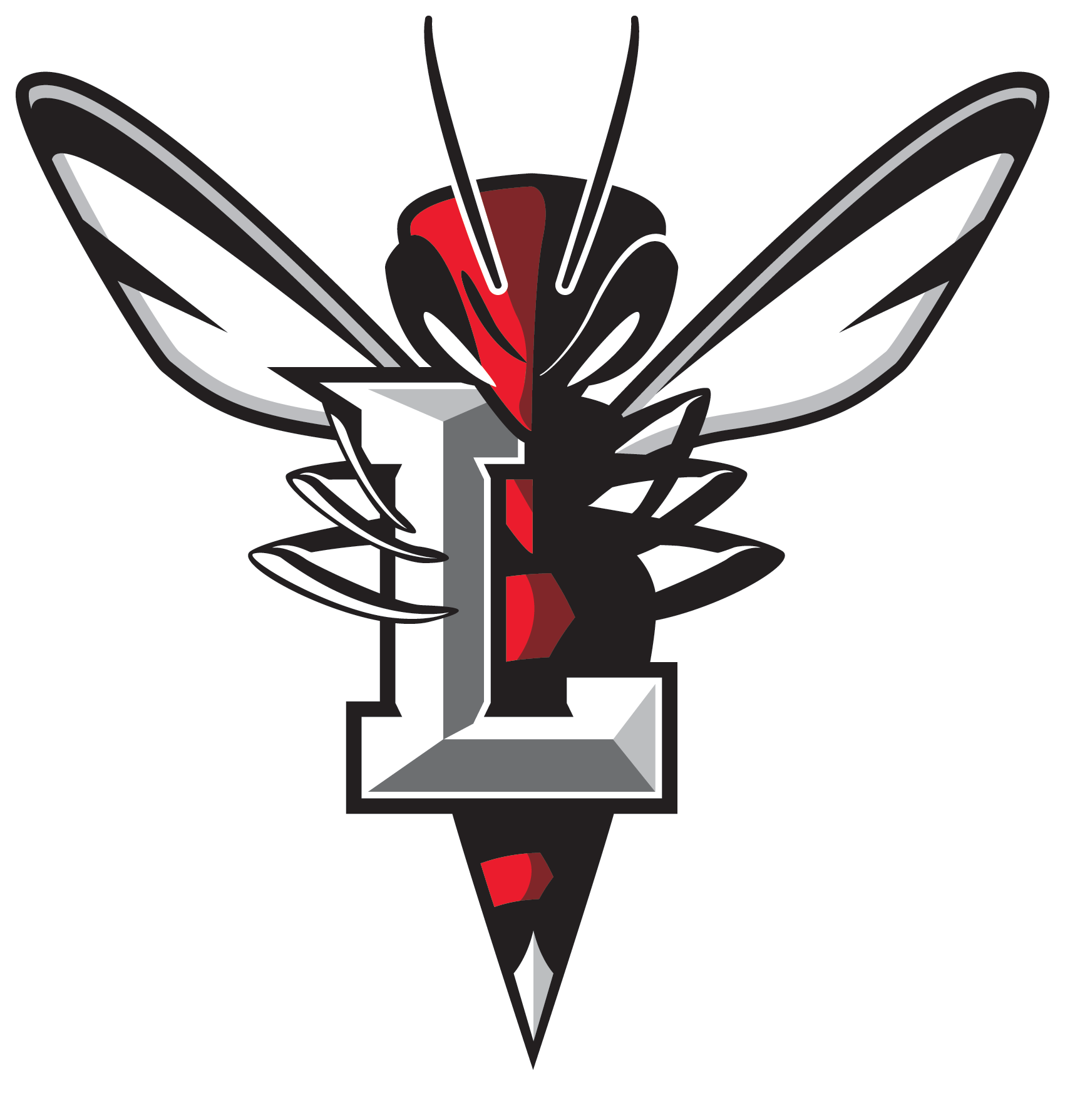 Stylized hornet with wings spread and a large silver letter L on its body.