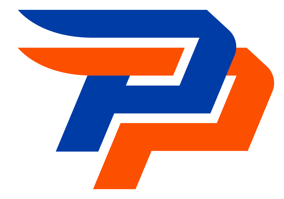 Logo with two stylized, overlapping letters P; one in blue and one in orange.