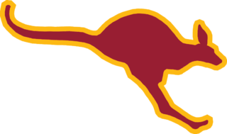 Stylized kangaroo silhouette in maroon with an orange outline.