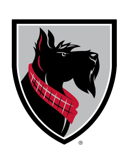 Black Scottish terrier head with red plaid scarf inside a shield-shaped emblem.
