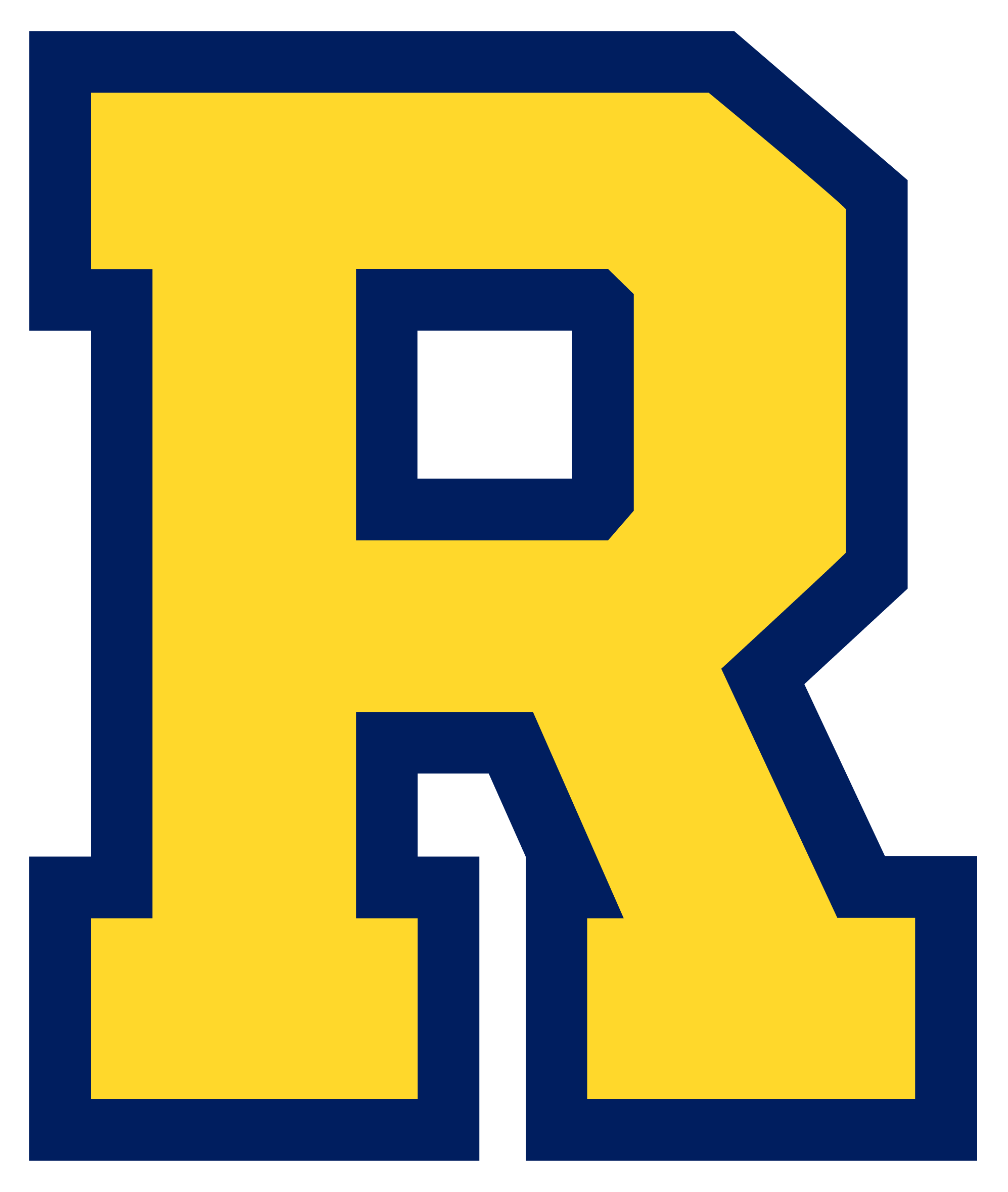 Block style letter R in yellow with navy blue and white outline.
