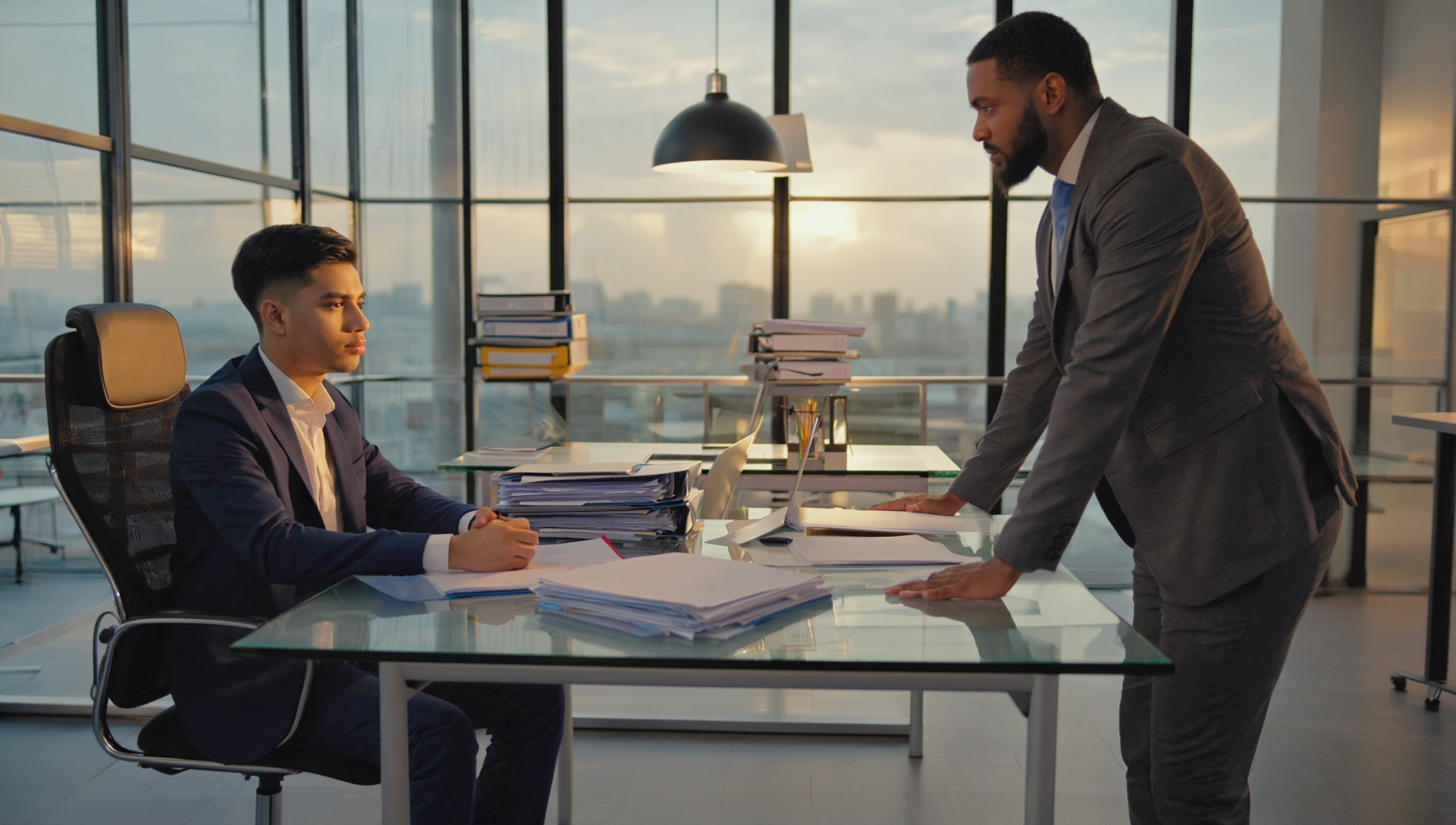 A man standing over another who is sitting at a work desk in high rise building