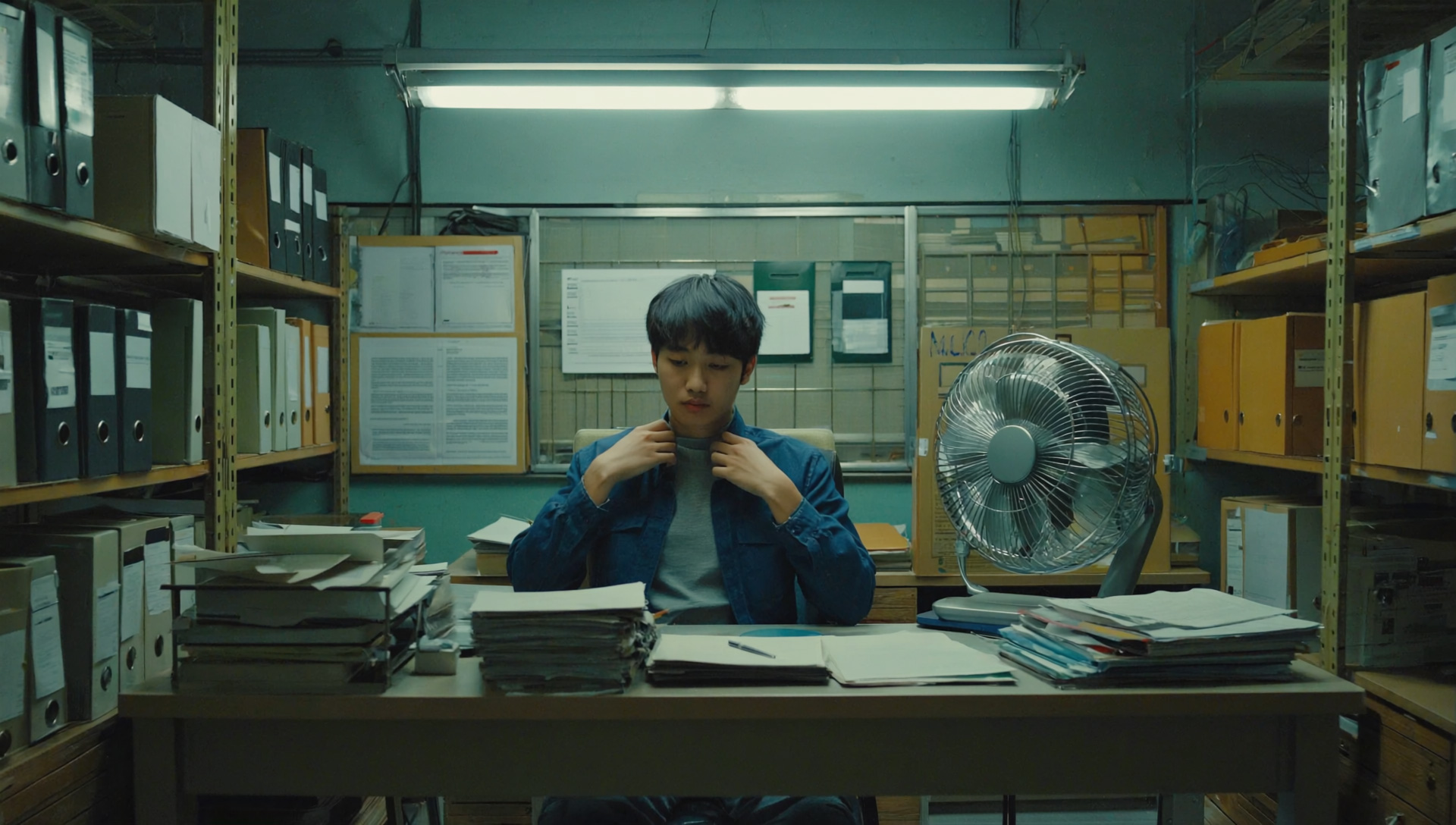 Man sitting at a desk with lots of folders and fan