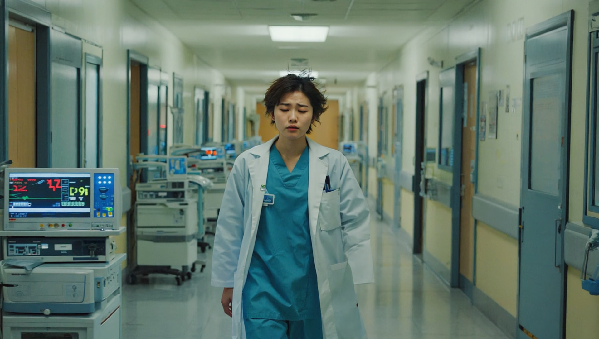 A tired looking medical professional walking through hospital halls
