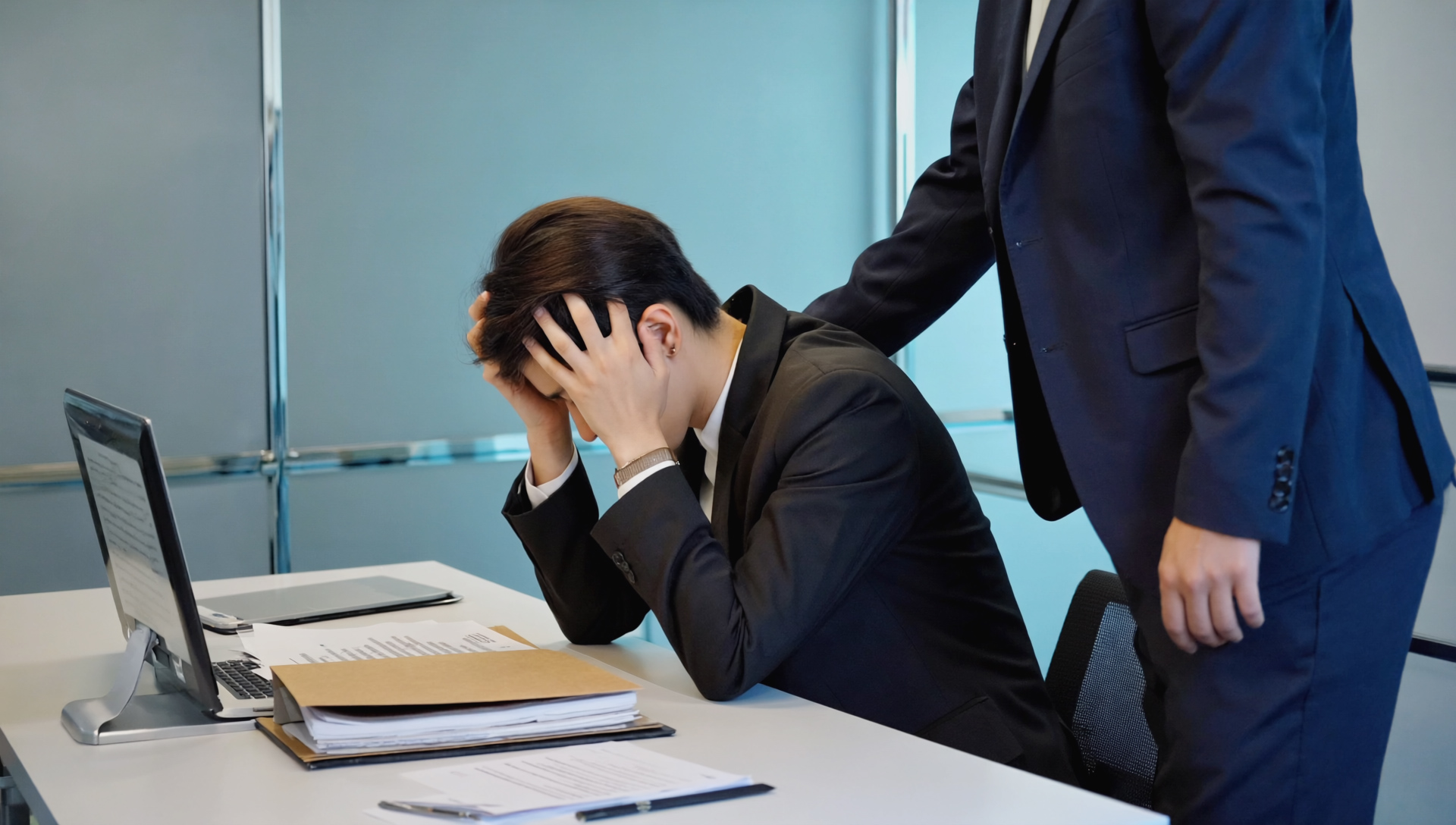 Exhausted man sitting at desk with head in hands