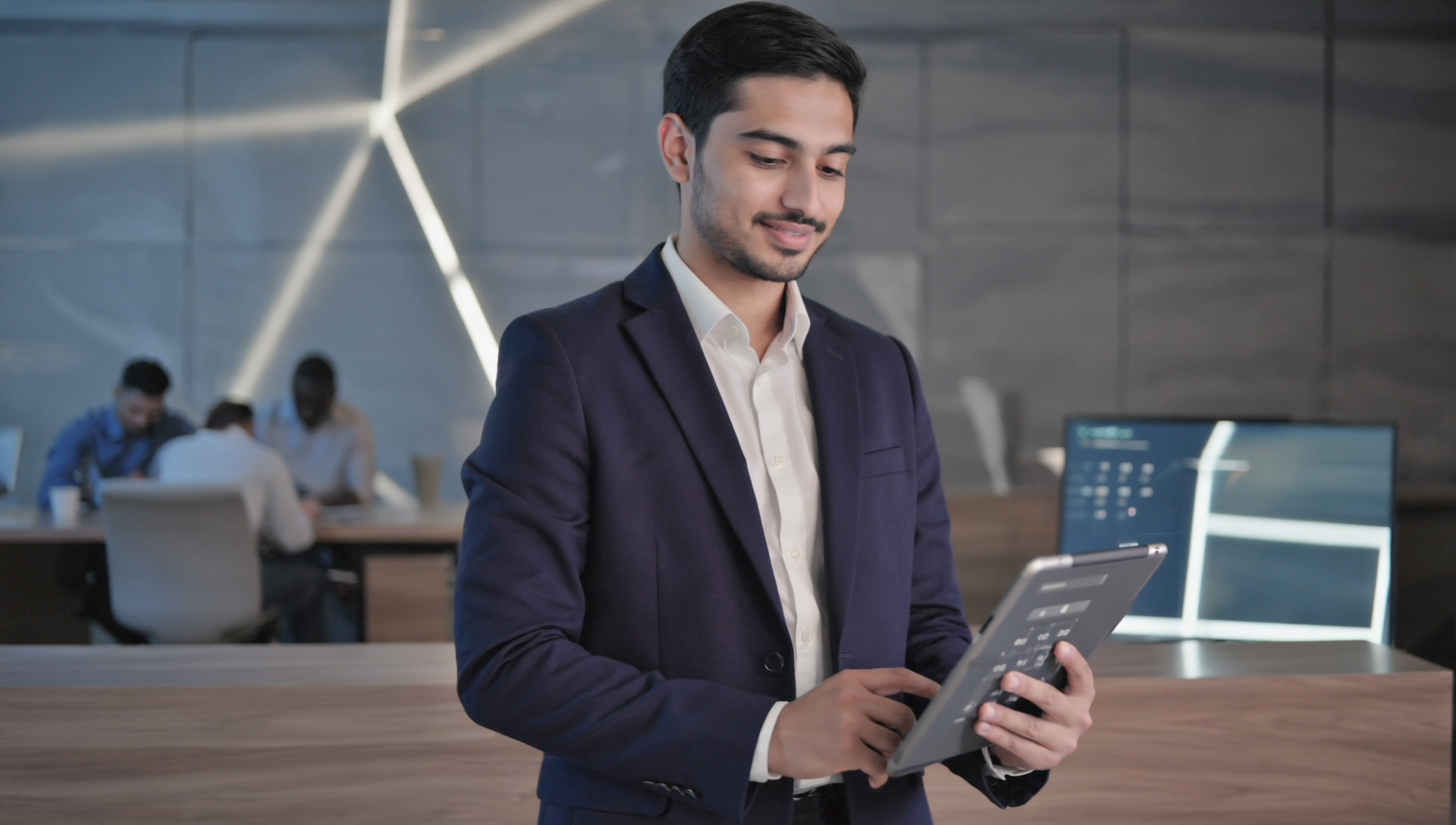 man at work looking at a tablet