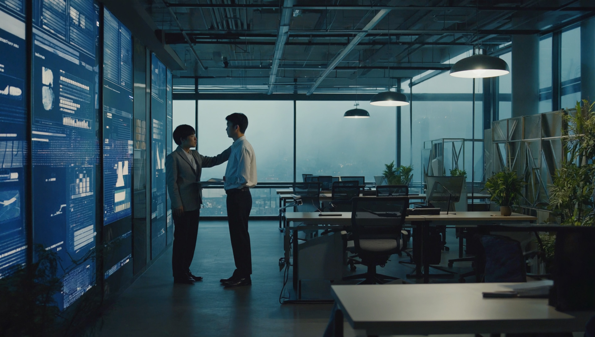 Coworkers in glass building with desks talking to each other solemnly 