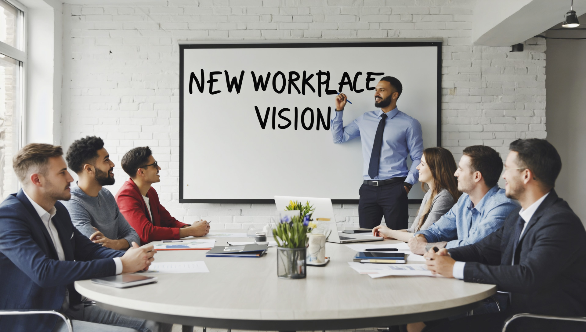 People at a work meeting happy smiling discussing new workplace vision