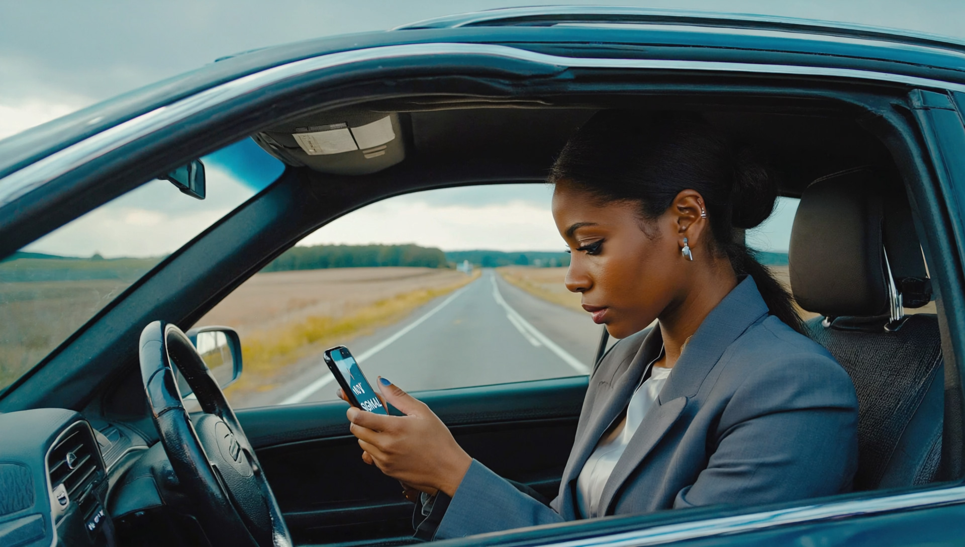 A women working on her phone while sitting in a car