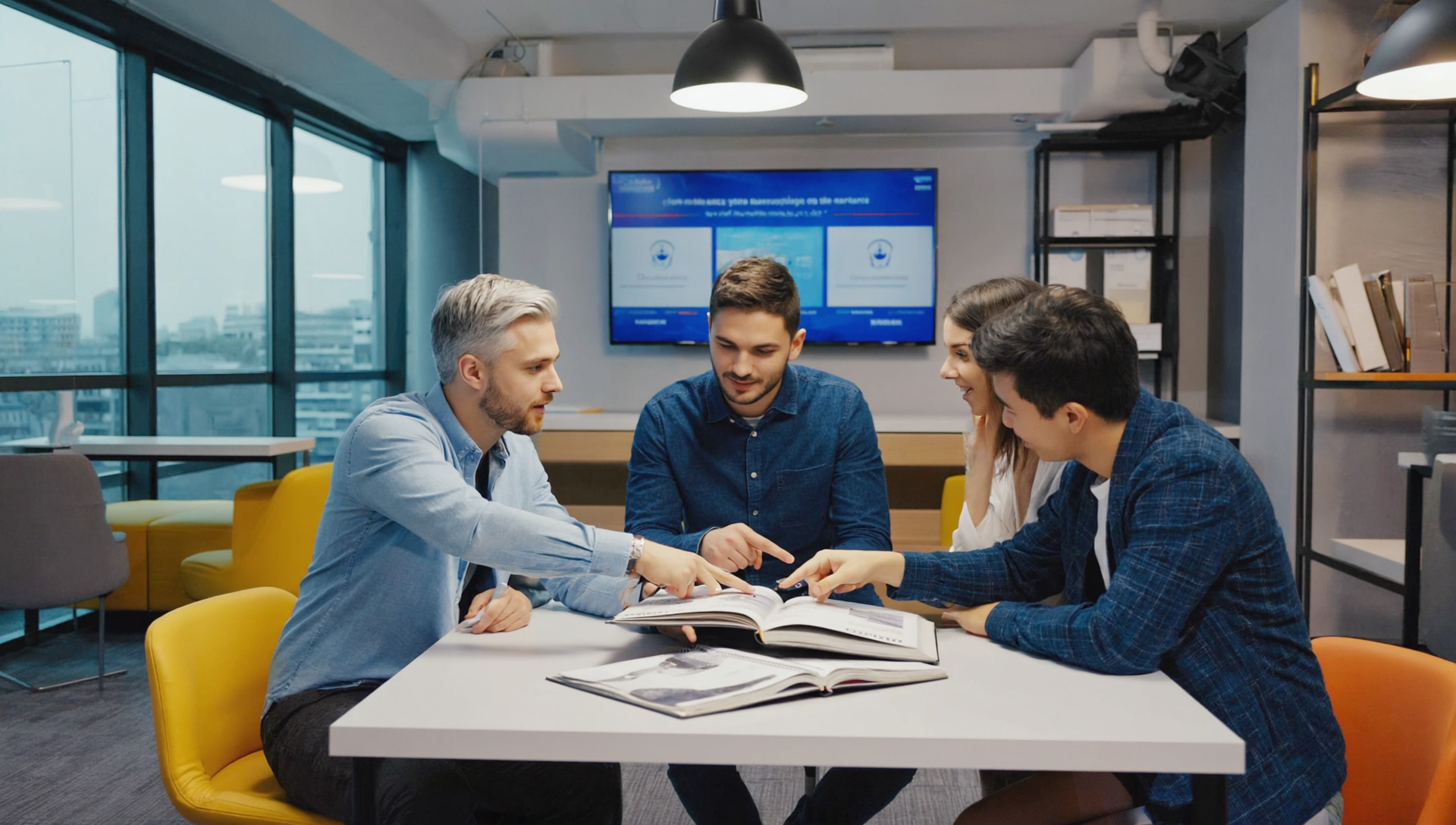 group of workers pointing at books in meeting room