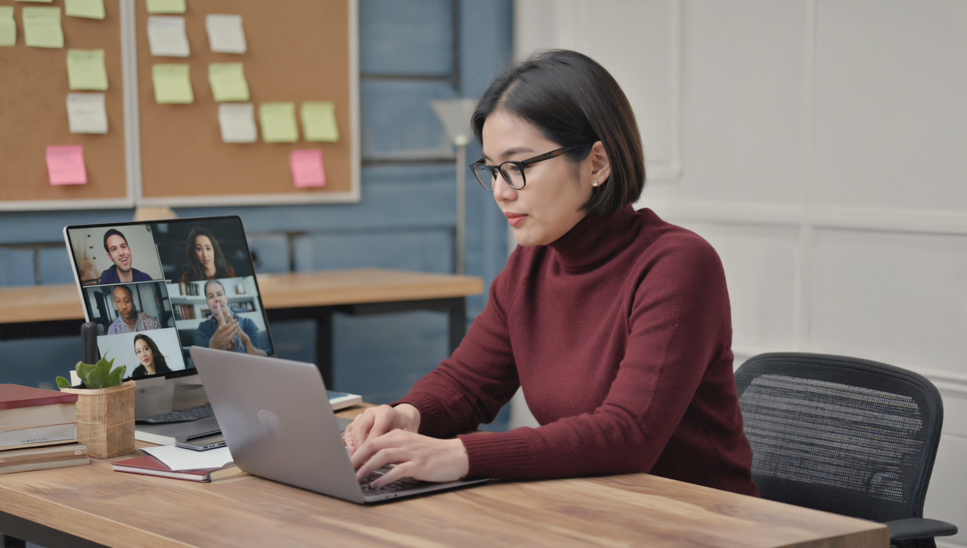 women working on a laptop on a casual desk outside of office