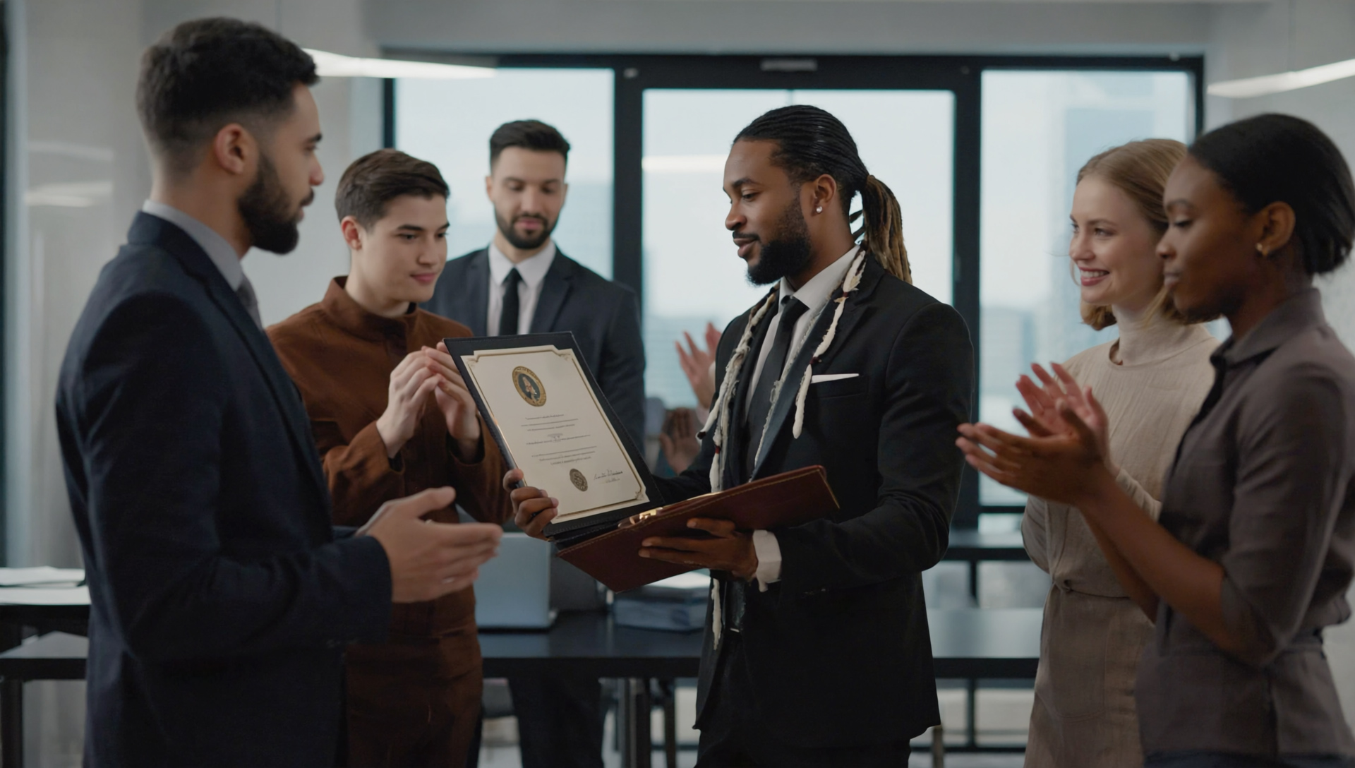 Man getting certificate at work surrounded by colleagues