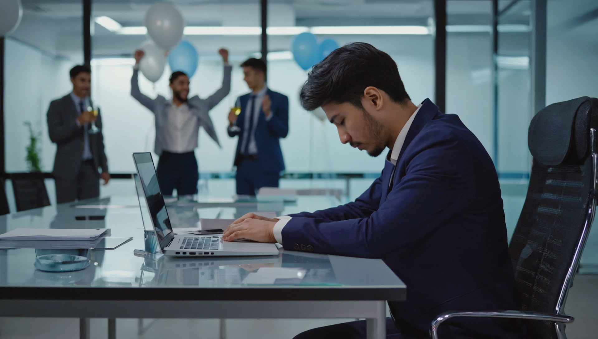 A man a desk with laptop while other celebrate in background