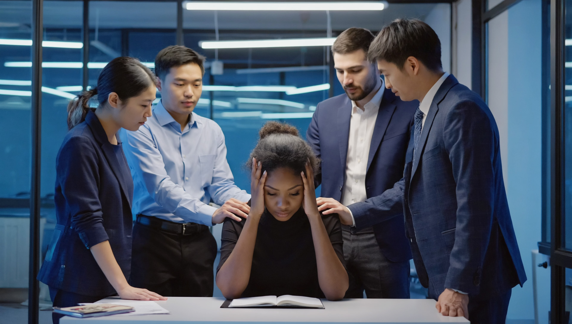 A women at desk surrounded by coworkers being comforted while stressed