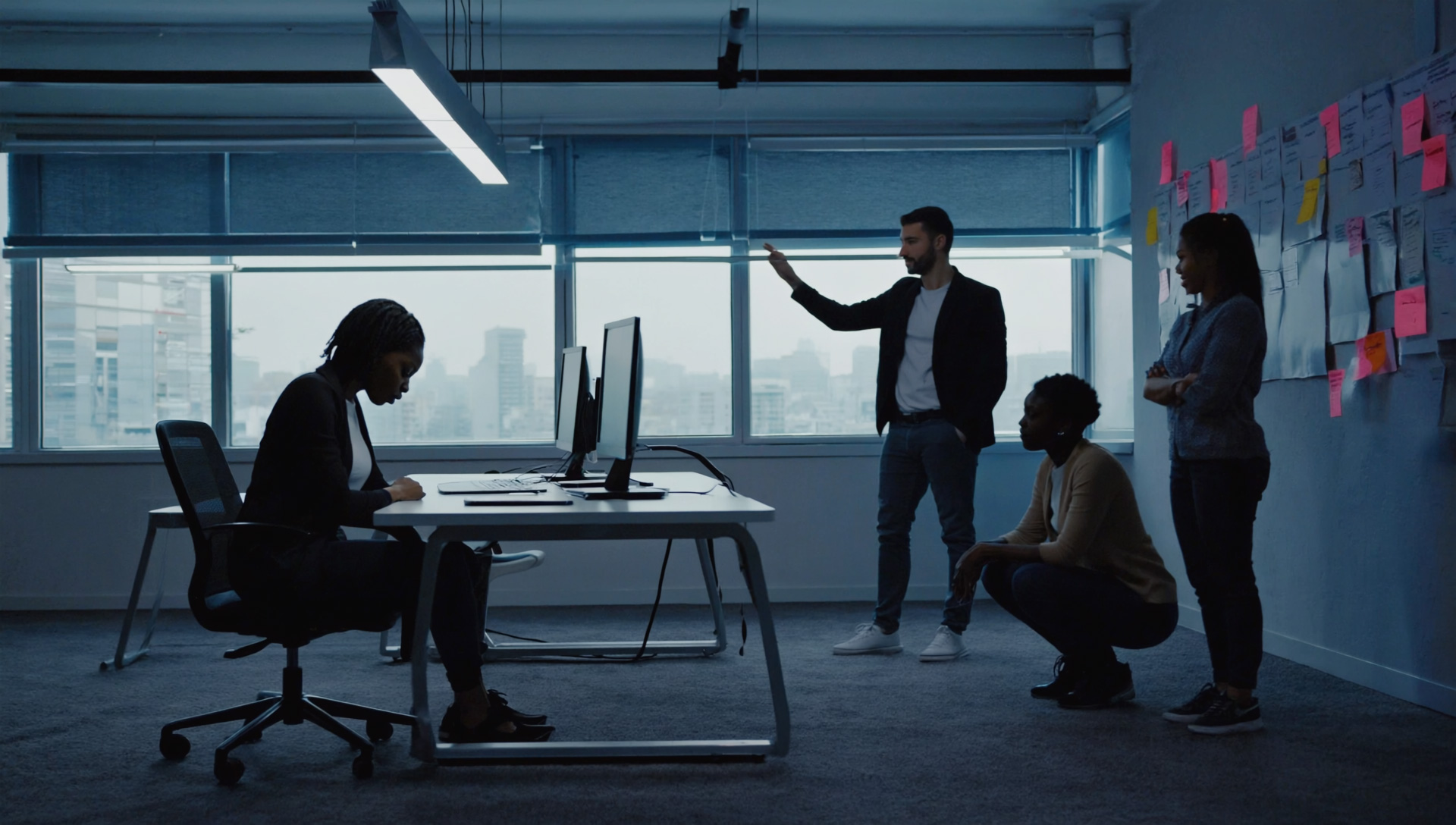 three workers in an office with computers standing around