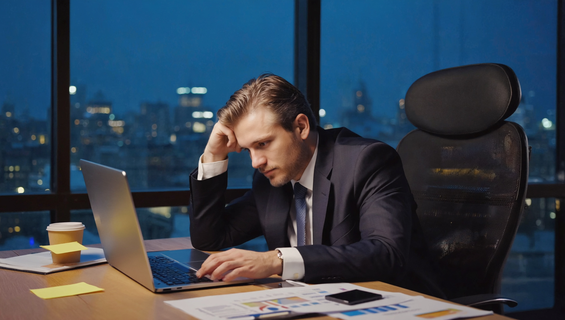 A man working at night on laptop inside high rise building office