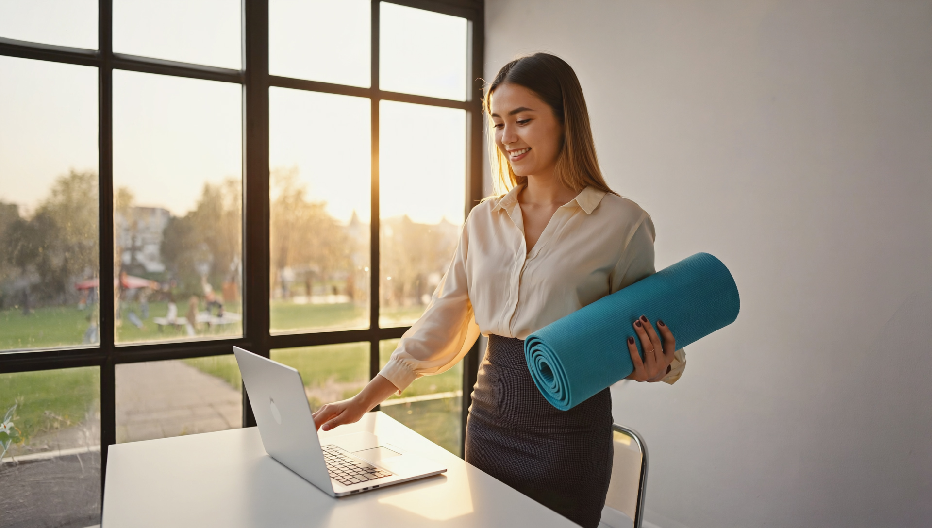 A women at a desk with a laptop holding a yoga mat