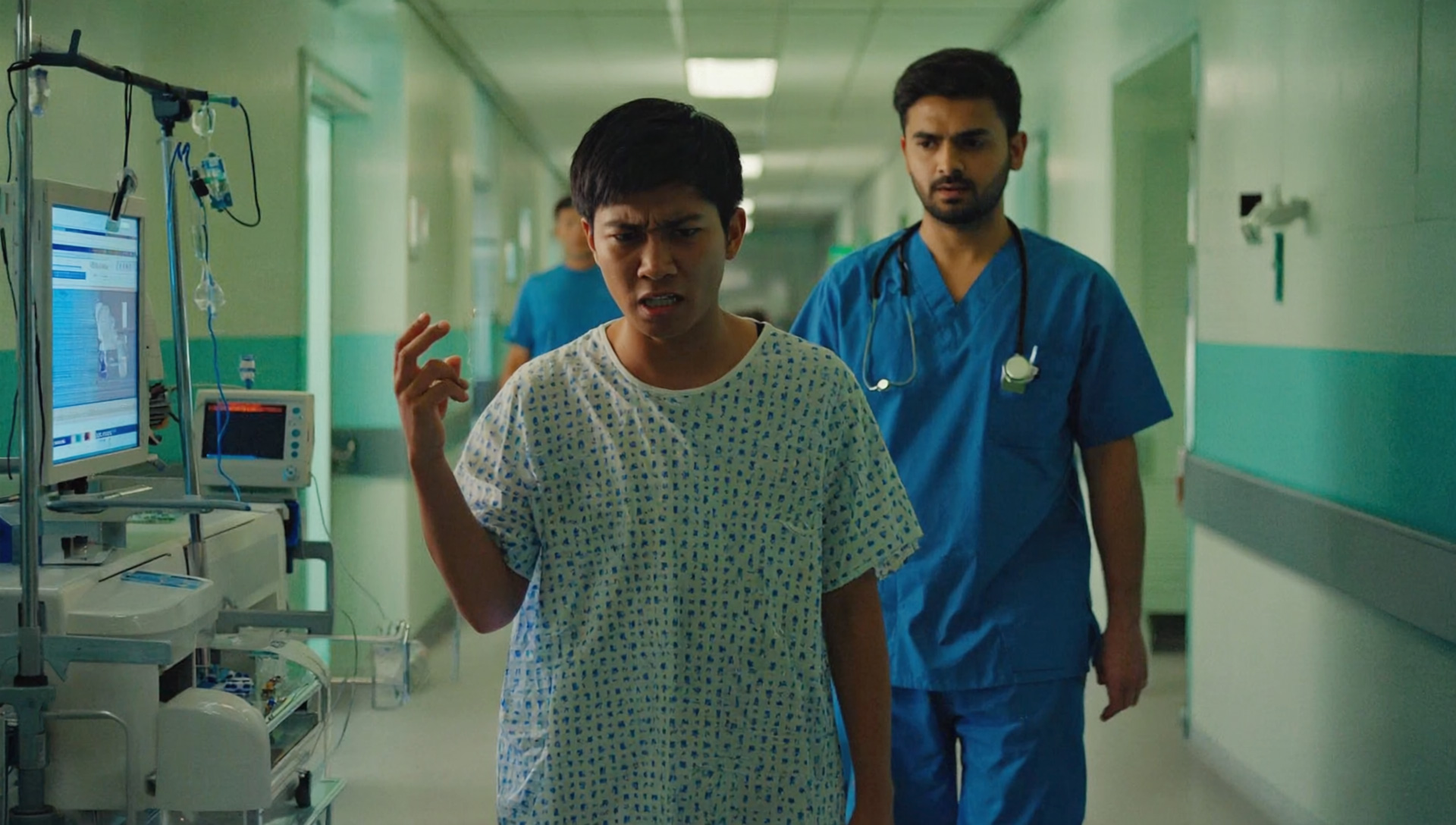A disgruntled hospital patient with a medical professional in the hallway