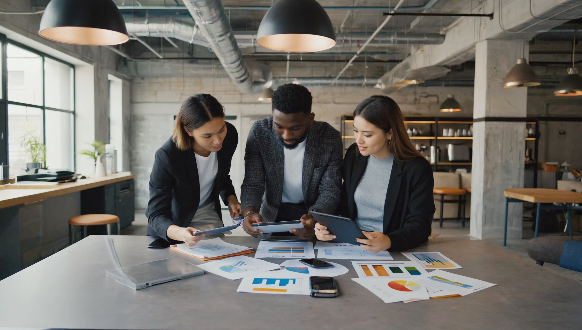 group of workers pointing at books in meeting room