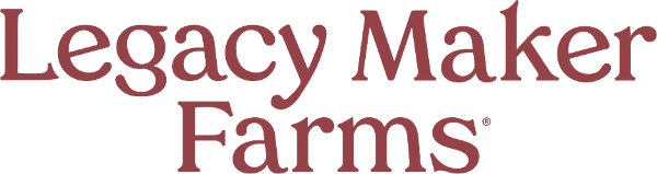 Legacy Maker Farms logo with the name in stylized brown serif font.