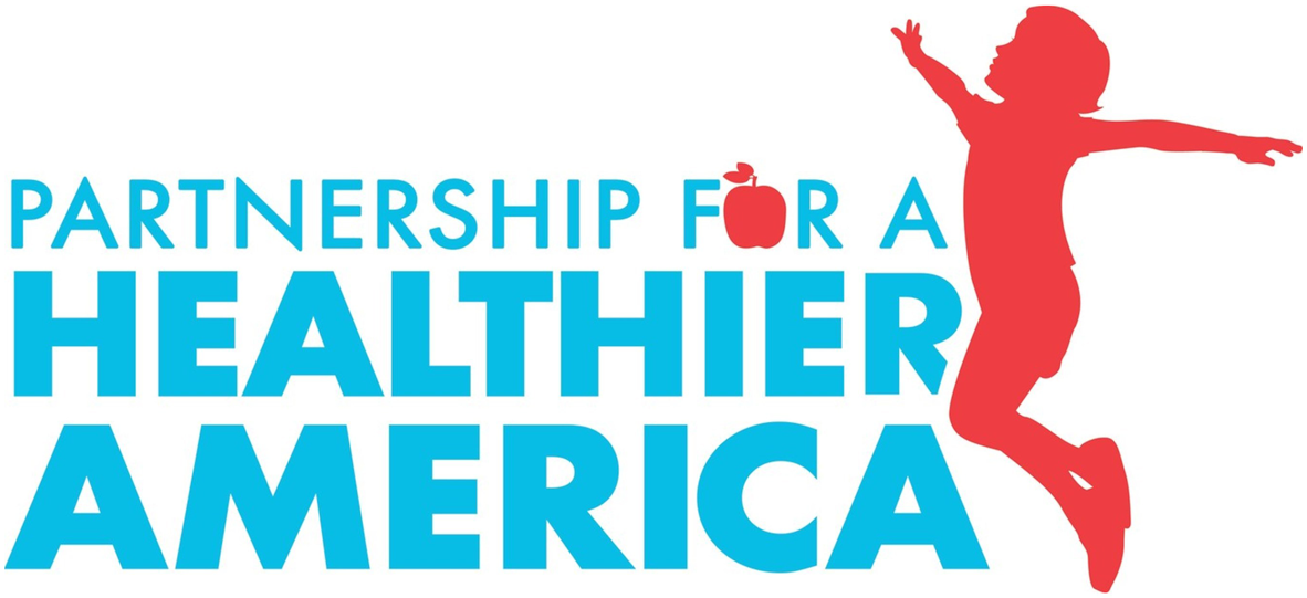 Logo with text 'Partnership for a Healthier America' in blue, with a red apple icon replacing the letter 'O' in 'FOR', and a red silhouette of a child jumping on the right side.