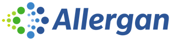 Allergan corporate logo with clustered green and blue dots forming an abstract pattern to the left of the company name in blue text.