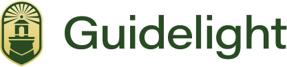 Guidelight logo with an icon of a stylized lighthouse emitting rays inside a shield shape to the left of the word 'Guidelight' in bold green letters.