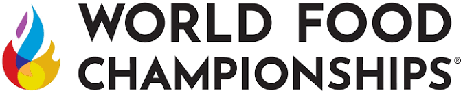 Logo of World Food Championships featuring a stylized flame in blue, red, purple, and yellow colors to the left of the bold text 'WORLD FOOD CHAMPIONSHIPS'.