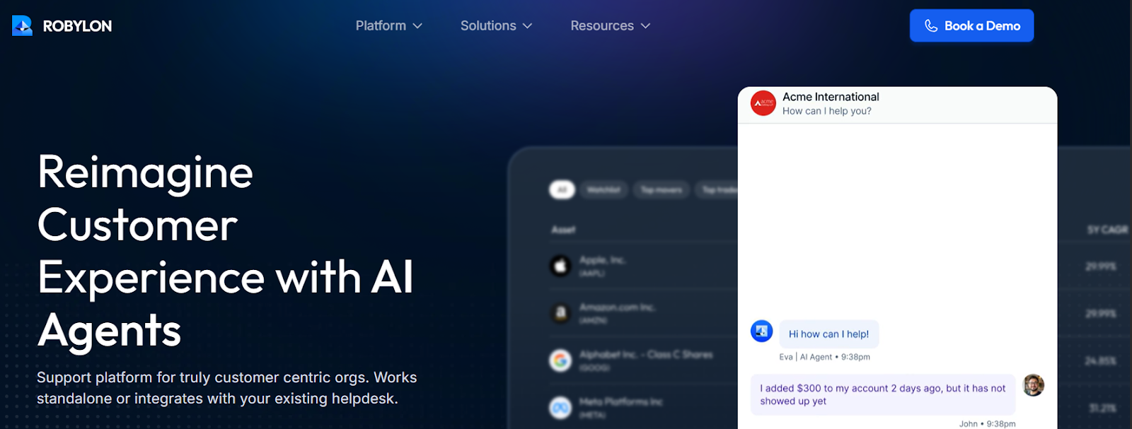 Robylon AI help desk chatbot interface for startups and modern businesses