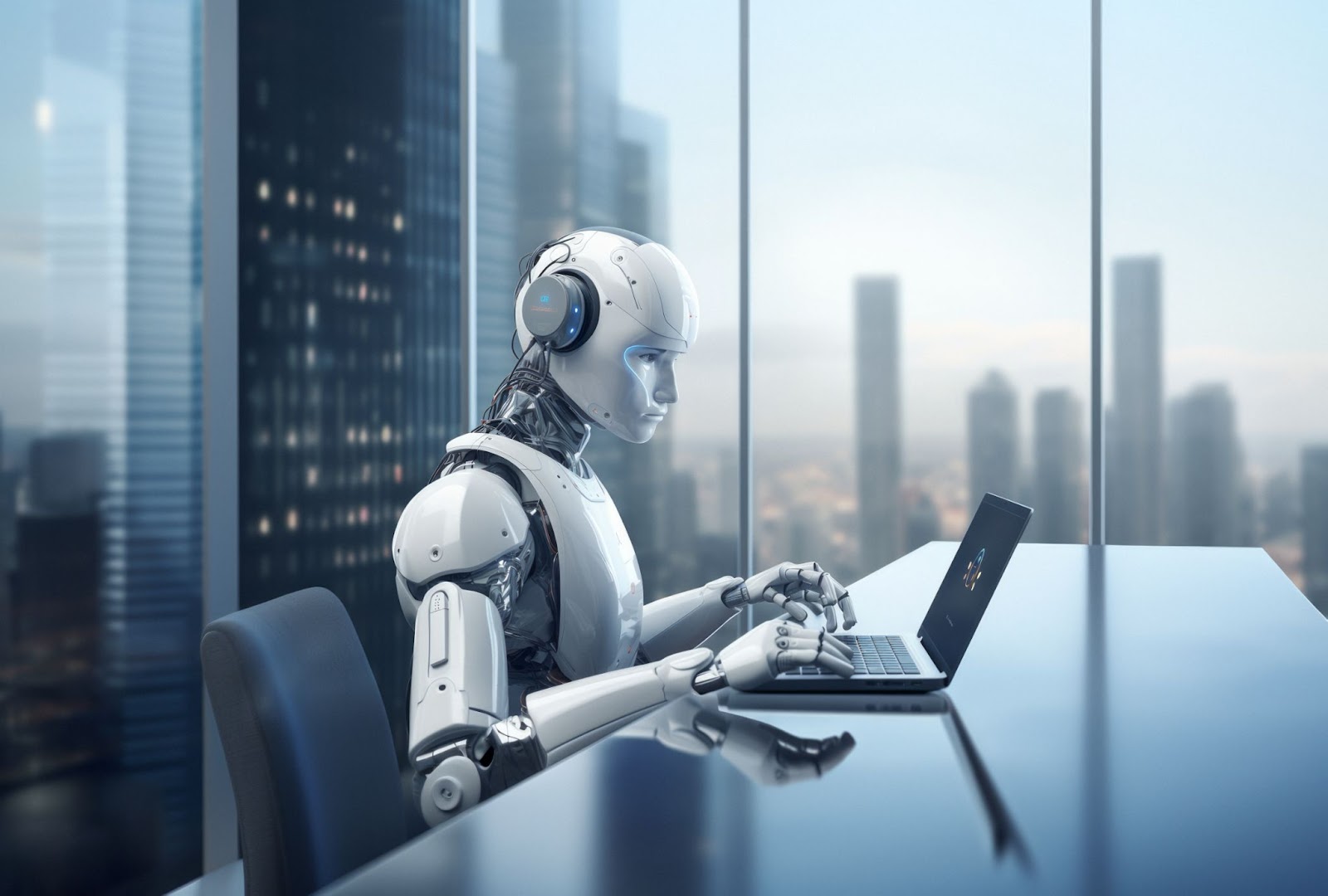 AI robot assistant working on a laptop in a modern corporate office