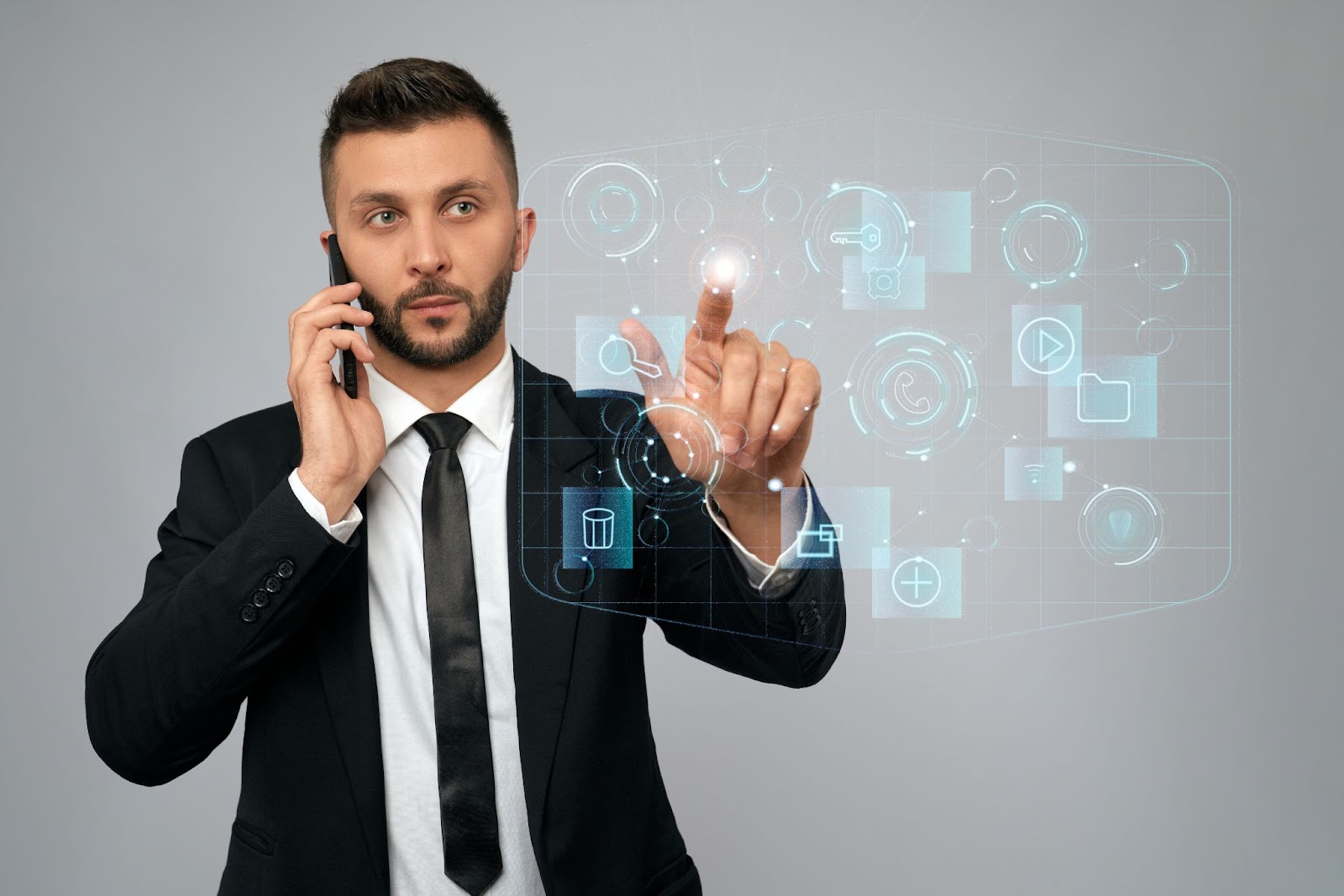 Business professional using virtual assistant technology with holographic interface
