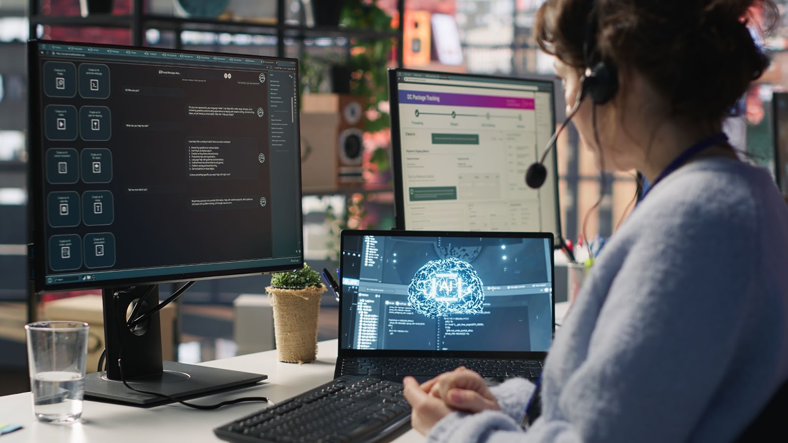 Customer support agent using AI chatbot software for live chat assistance