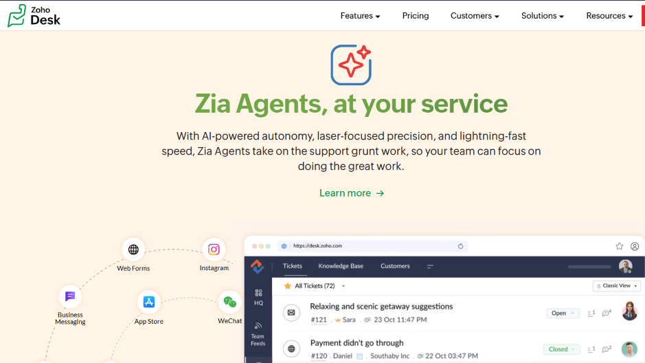 Zoho Desk ticketing and automation dashboard with Zia AI, a budget-friendly Zendesk alternative