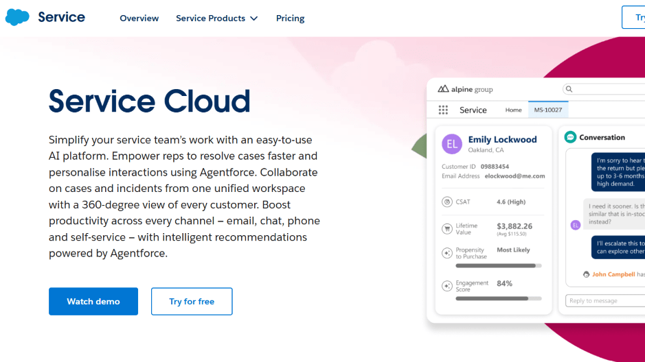 Salesforce Service Cloud with Einstein AI and omnichannel support for enterprises.