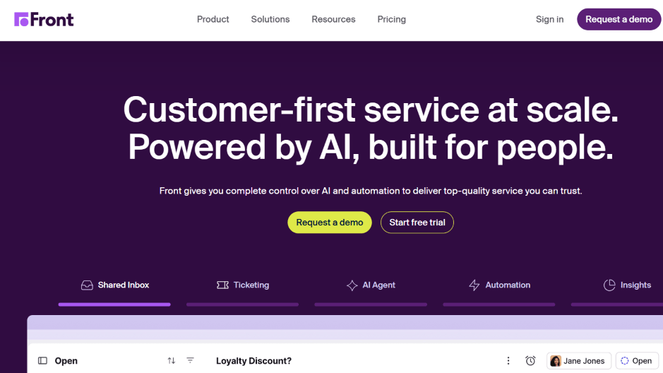 Front customer service platform with shared inbox and AI automation