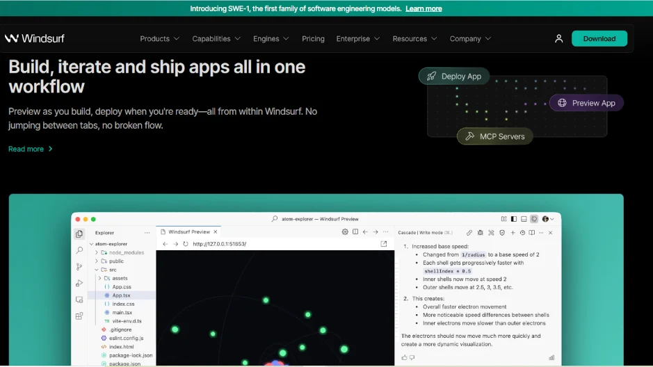 Windsurf AI code editor for building, iterating, and deploying apps in one workflow