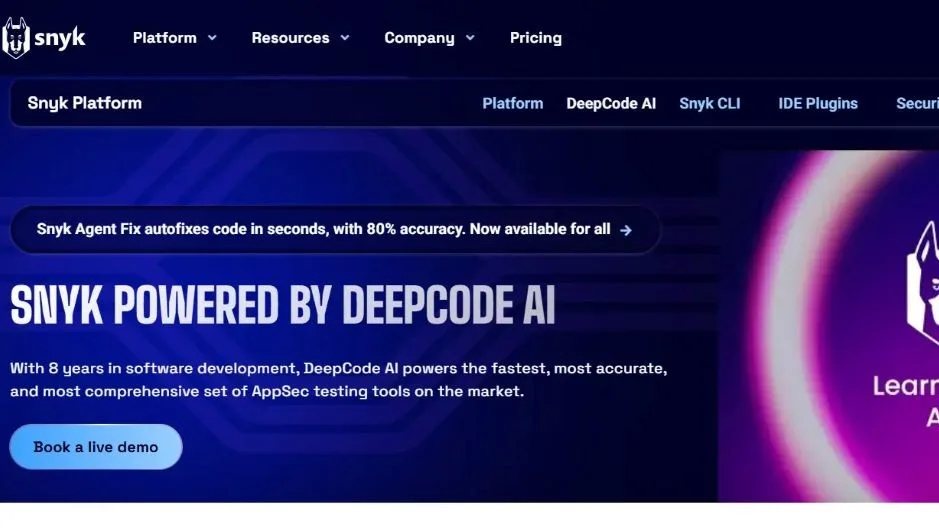 Snyk DeepCode AI platform for securing and auto-fixing software code