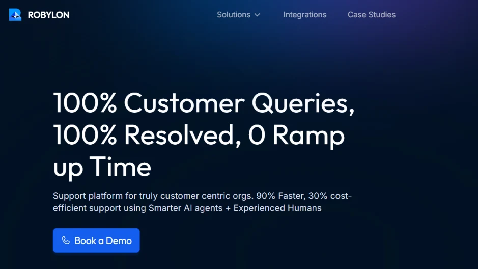 Robylon AI dashboard automating customer support tasks with integrations across CRM, APIs, and workflows.