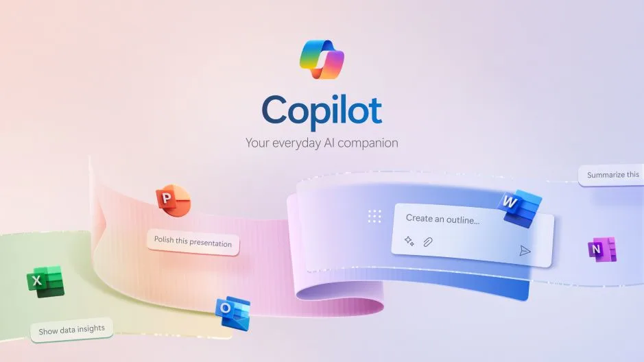 Microsoft Copilot working inside Excel and Word with AI-generated charts, summaries, and real-time web data.